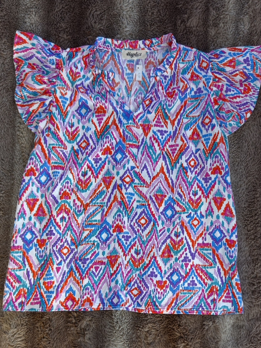 Haptics By Holly Harper Colorful Abstract Ikat Print Ruffle Blouse M